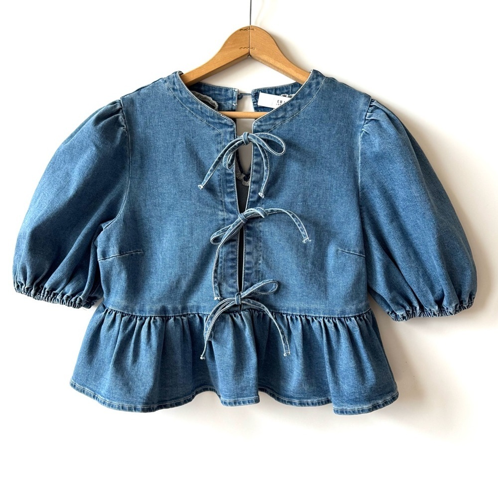 EB Luxe denim tie front peplum top